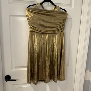 Ashley Stewart Women metallicโ gold lame Dress Sz 14/16 Ruched Sleeveless Party